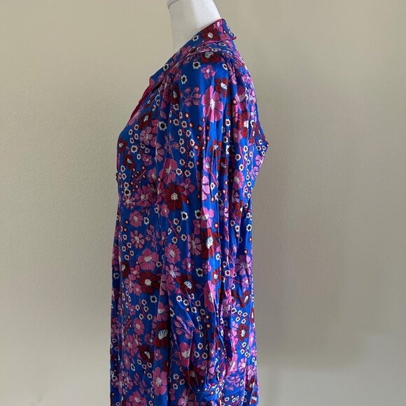 Free People Daisy Jane Mini Dress Purple Floral Retro Tie Neck SXS Oversize - Picture 3 of 9